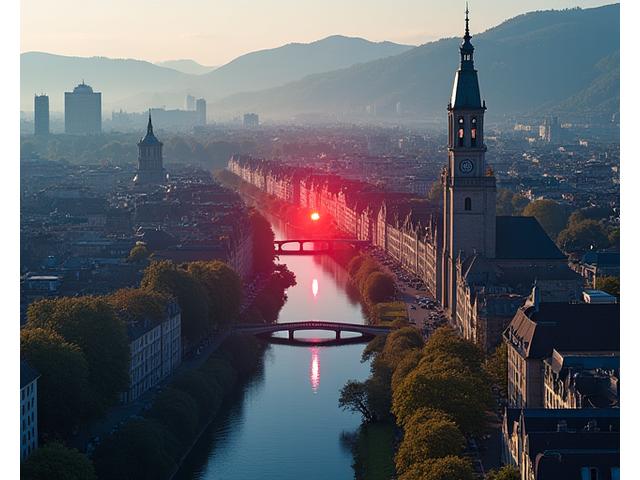 Aerial view of Bern, Switzerland, showcasing the historic city and the Aare River, with a subtle overlay indicating ViaTrip's office location.