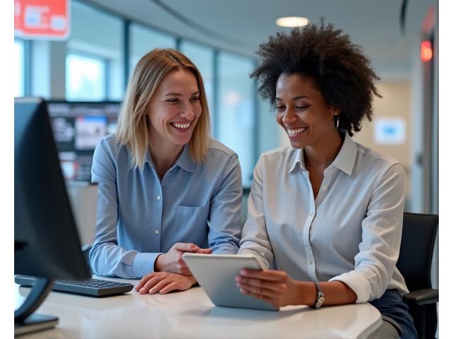 Image of a friendly customer service representative assisting a traveler, with a map and digital devices in the background, representing support and guidance.