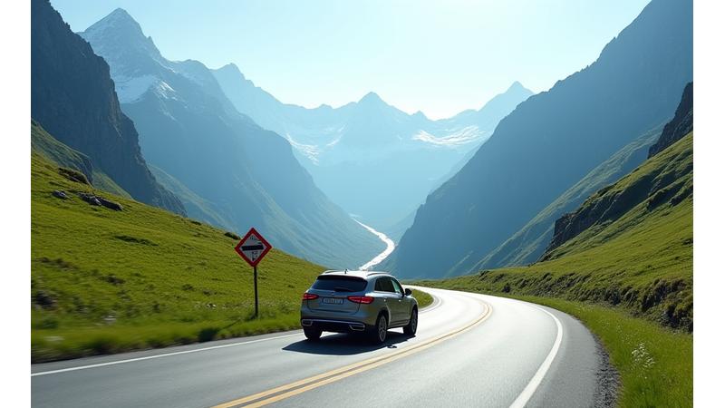 Car driving safely through a high alpine pass, showcasing challenging but beautiful roads