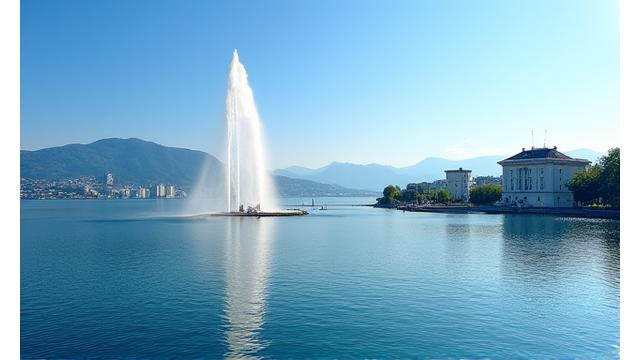 Jet d'Eau in Geneva with border crossing signs in the background