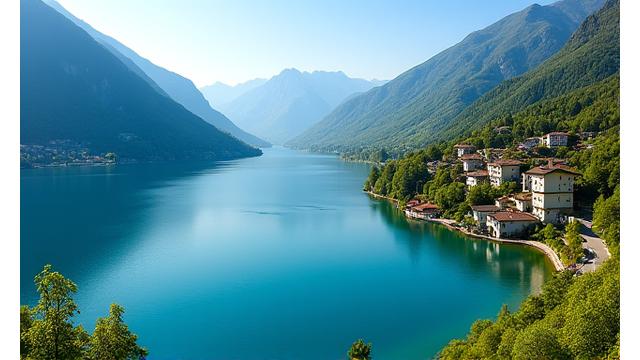 Scenic lake view in Ticino with lush greenery and mountains