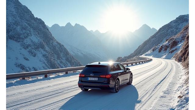 Snow-covered mountain pass in Valais with a car safely navigating the road