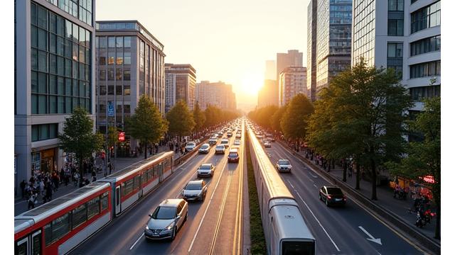 Skyline of Zurich with a focus on its urban transportation and business district
