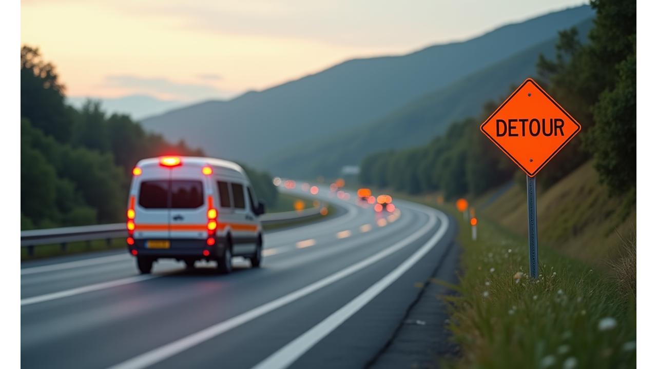 An emergency vehicle on a road with a detour sign, indicating a sudden route change, set against a backdrop of a clear, alternative path through a landscape.