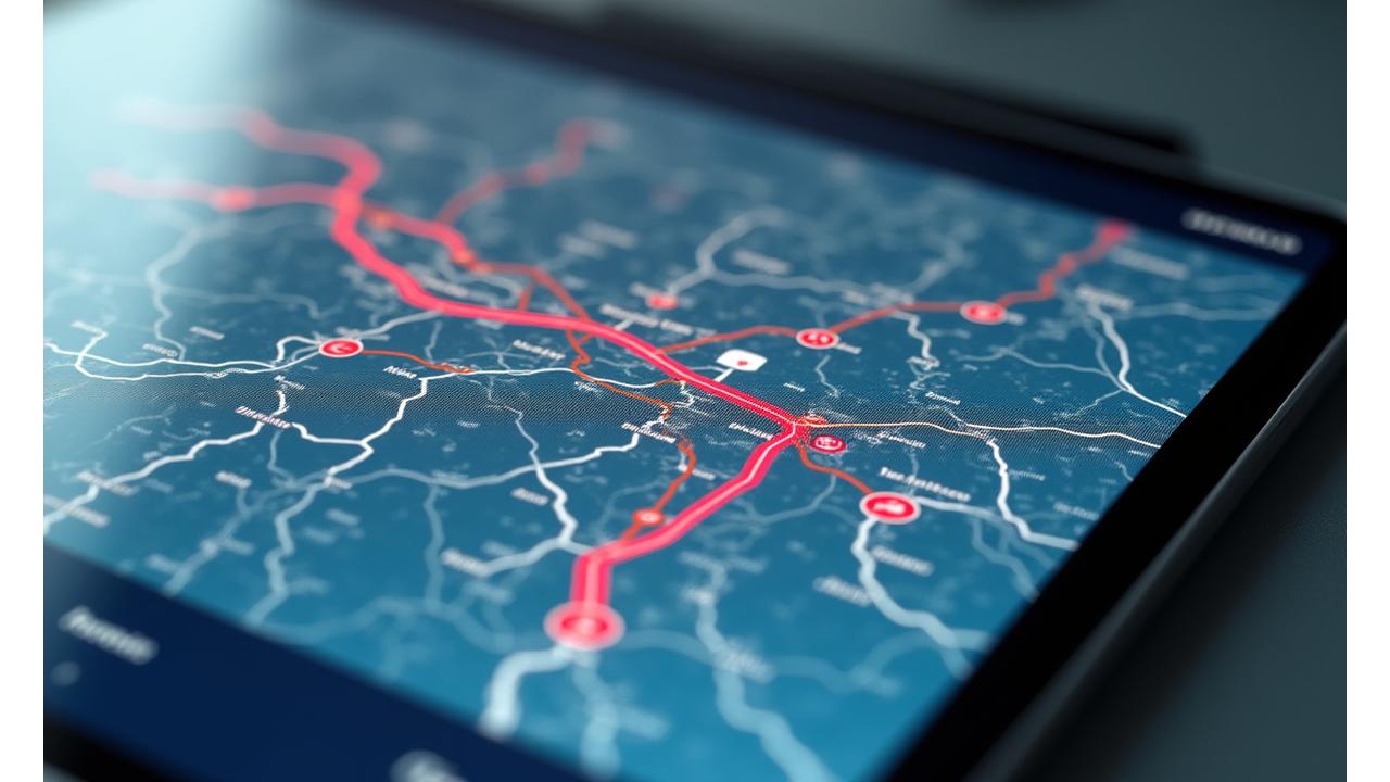Interactive map displaying a route across Europe with origin, destination, and highlighted toll roads and vignette zones.