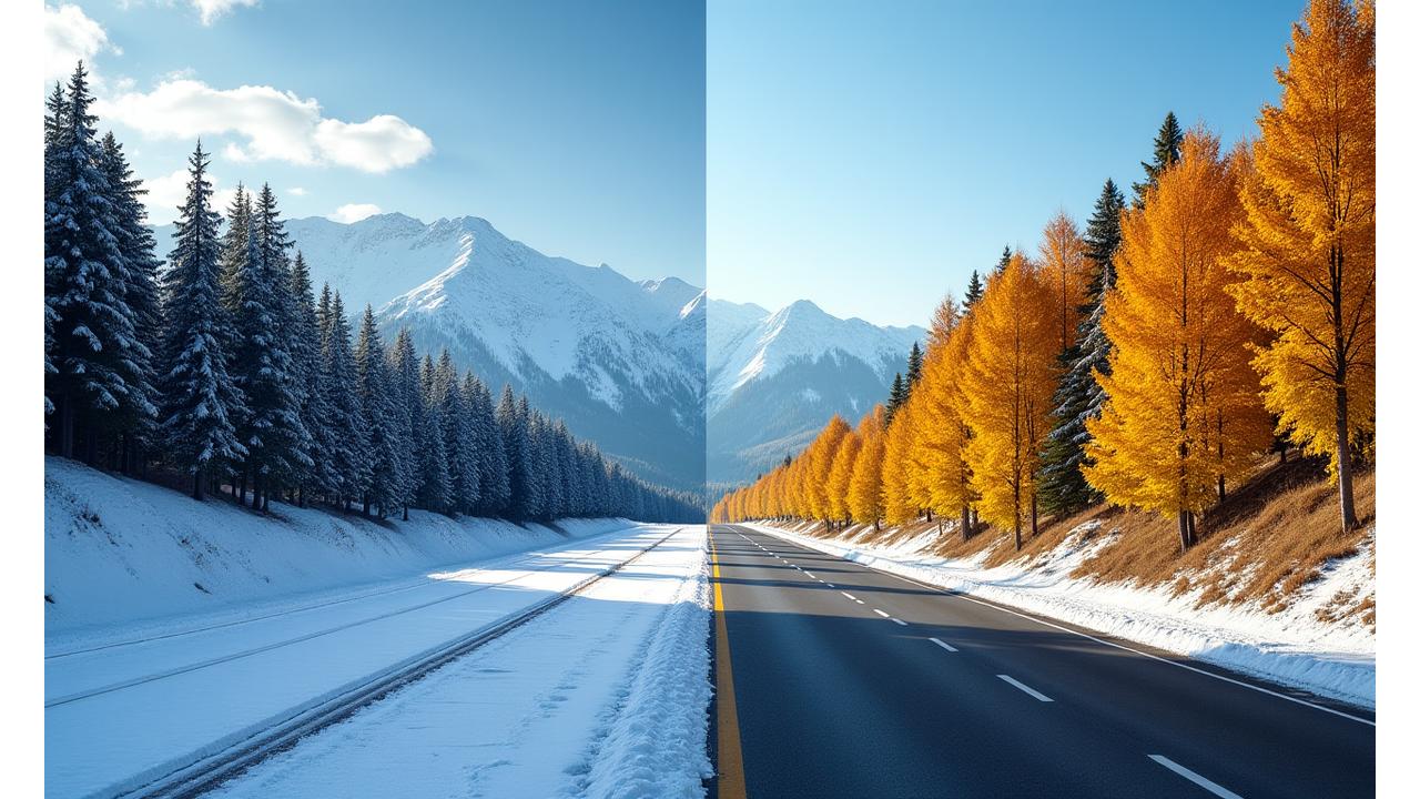 Divided image showing two road scenes: one serene snowy mountain pass in winter, and one clear, sunny highway in summer, visually representing seasonal route optimization.
