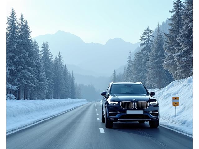 Car driving on a snowy Swiss mountain road with winter tires, illustrating compliance