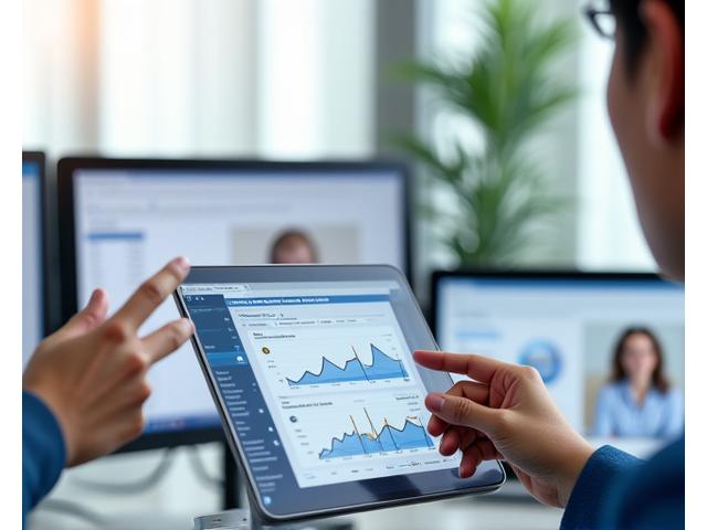 Support team member assisting a client on a video call with financial charts in the background