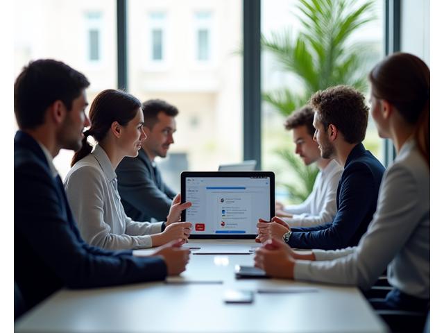 Group of diverse business professionals in a training session, looking at a screen with compliance information