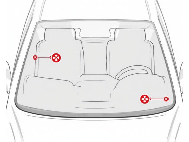 Diagram showing correct placement of a physical Swiss vignette on a car windshield (top-left or behind rearview mirror) and incorrect placements (taped, side window).