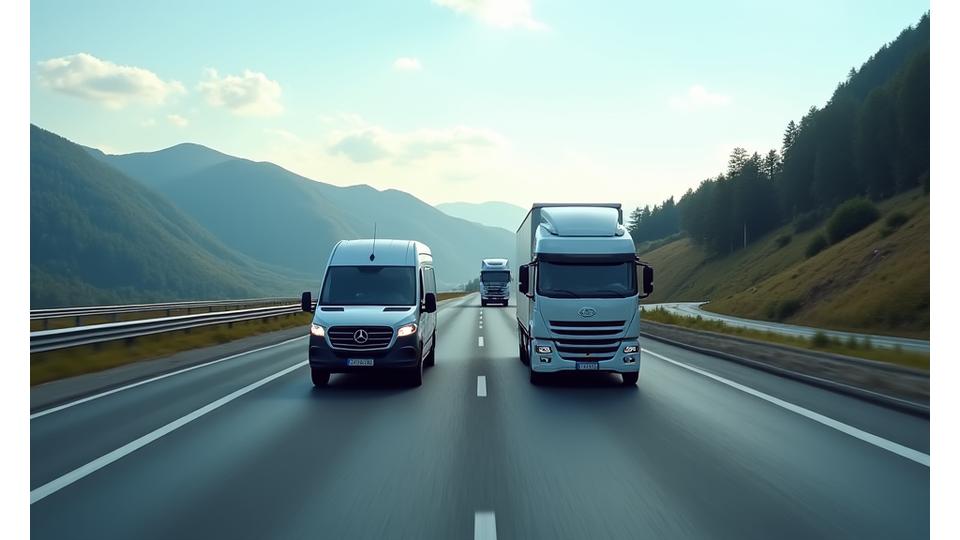 Image of a diverse commercial fleet (delivery van, truck, bus) navigating a Swiss motorway, implying complex compliance needs.