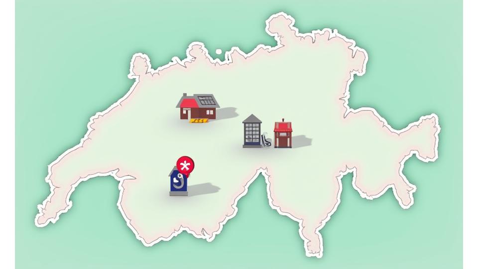 Simplified map of Switzerland highlighting border crossings and key cities where vignettes can be purchased, overlaid with icons for petrol stations and post offices.