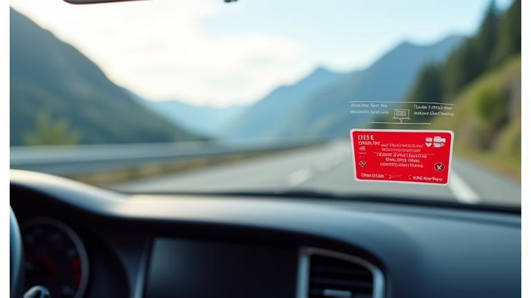 Image of a modern rental car dashboard with a Swiss vignette clearly visible on the windshield, implying preparedness and compliance.