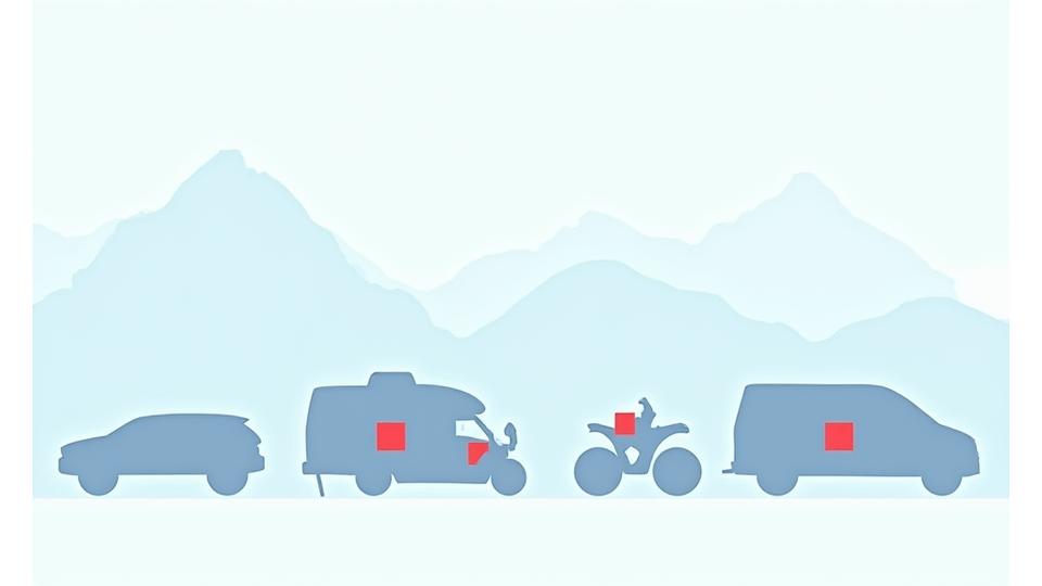 Illustration of various vehicle types (car, motorcycle, truck, camper) with vignette stickers, set against a Swiss mountain backdrop.