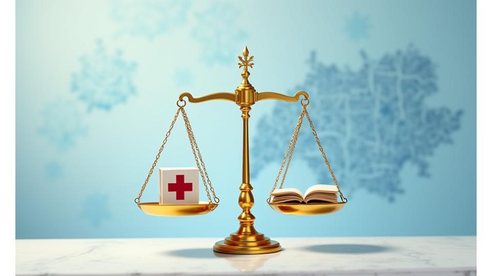 A finely detailed illustration of a compass and a set of balanced scales, set against a subtle map of Switzerland. Symbolizes fair navigation through legal aspects and adherence to Swiss law.