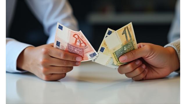 A hand exchanging Euros for Swiss Francs at a currency exchange counter, with banknotes visible.