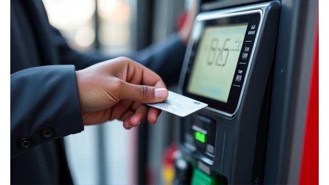A close-up of a credit card being inserted into a modern gas station payment terminal in Switzerland.