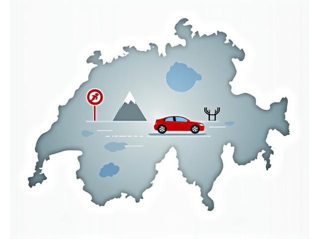 Illustrated map of Switzerland with a car icon and key driving rules symbols, symbolizing safe tourist navigation