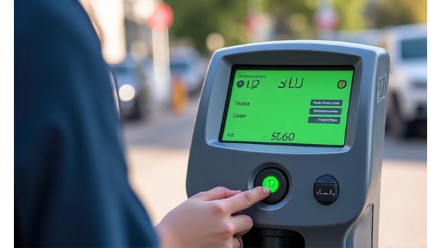 A hand reaching to a Swiss parking meter, displaying various payment options including coins and card symbols.