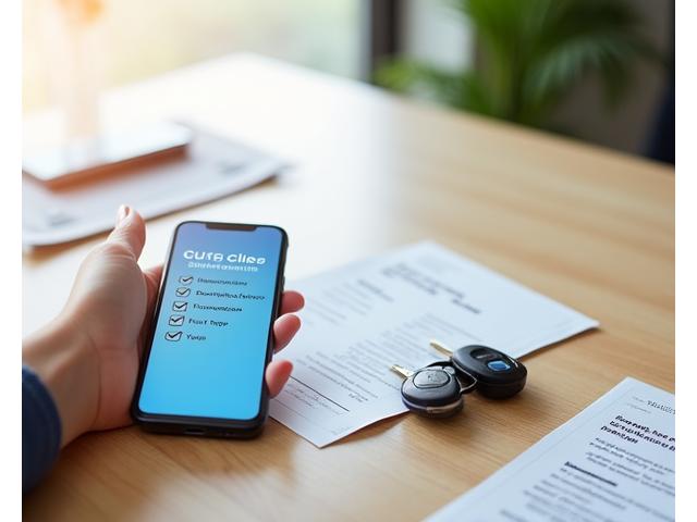 A hand holding a smartphone with a digital checklist for rental car inspection, keys on the table