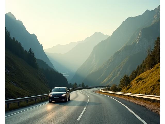Road winding through picturesque Swiss mountains, clean highway with courtesy signs, showcasing orderly traffic flow.